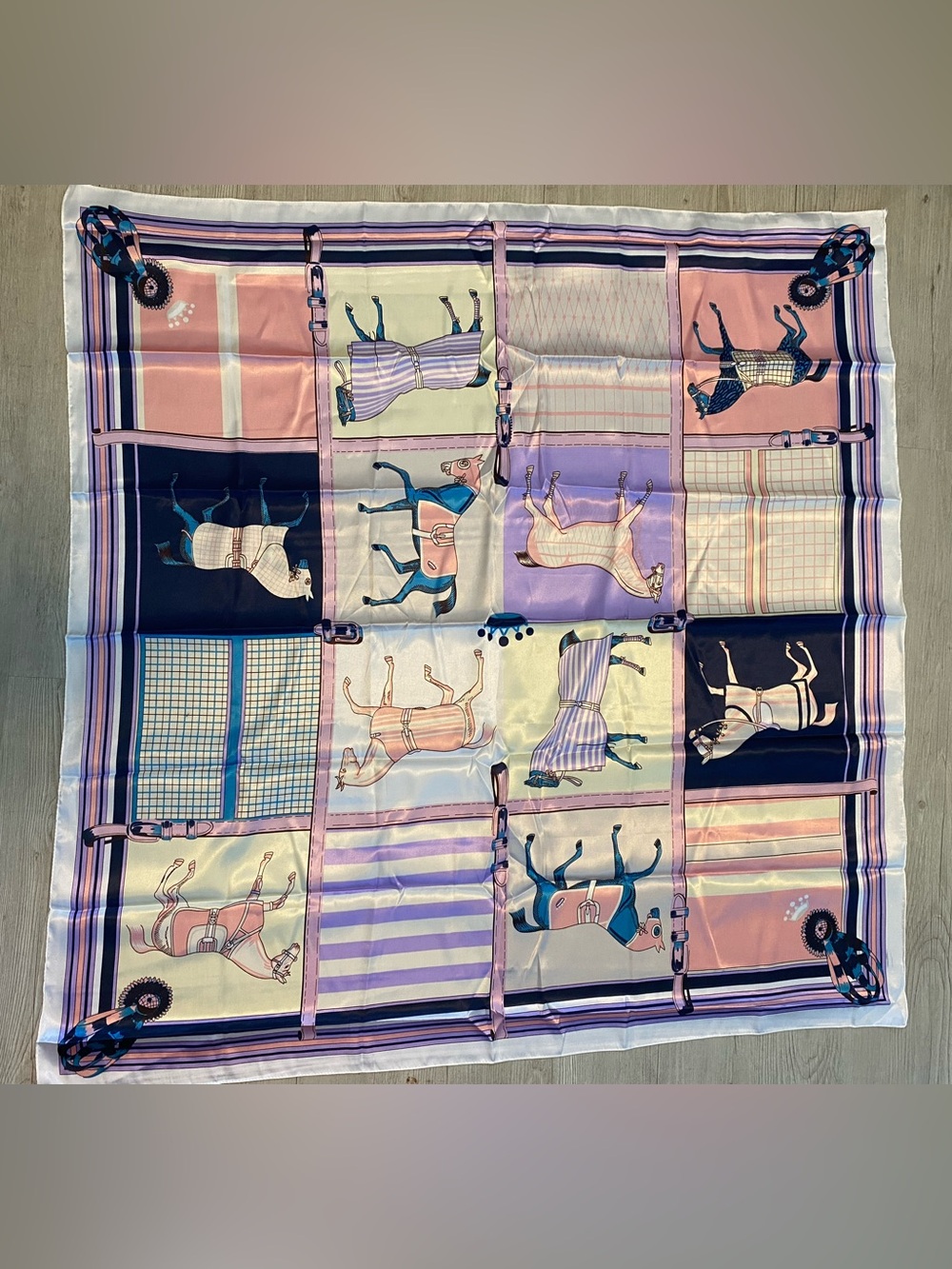 Pastel Horse Print Satiny Poly Scarf - Pink, Lavender, Navy